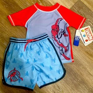 NEW!!! 2pc MARVEL Swim shirt and trunks. R/W/B UPF 50+ wearable sunblock